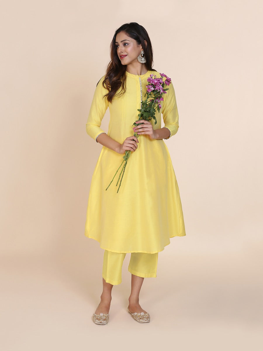 Abhishti cotton silk A-line kurta with hidden placket & pintucks