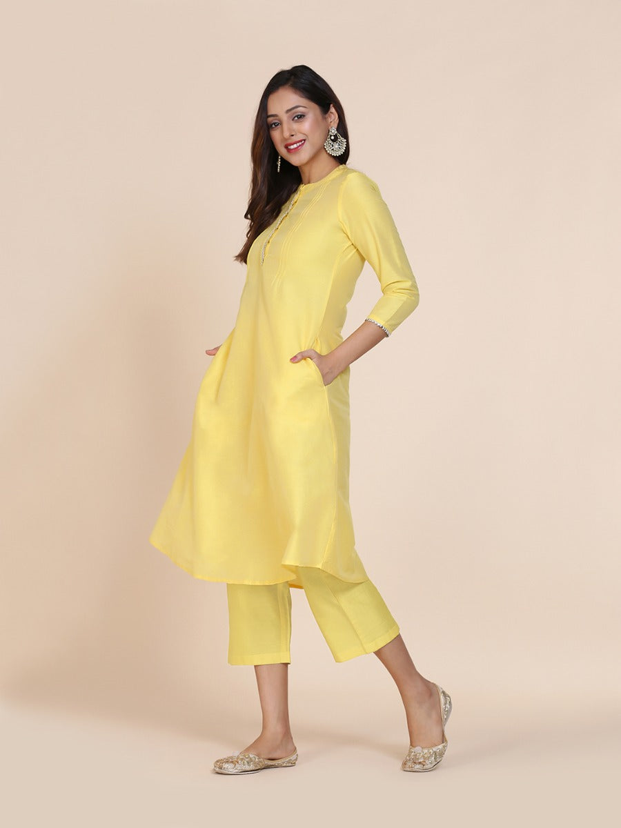 Abhishti cotton silk A-line kurta with hidden placket & pintucks