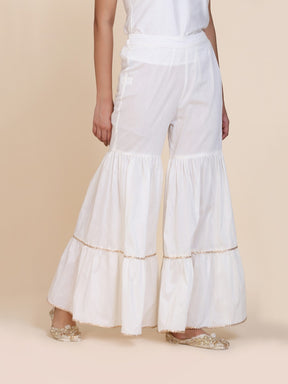 Abhishti cotton silk tiered sharara with lace detail Off White