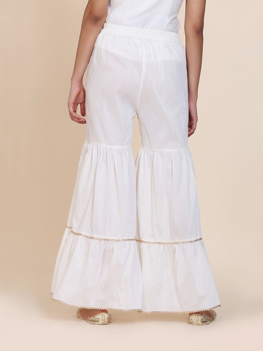 Abhishti cotton silk tiered sharara with lace detail Off White
