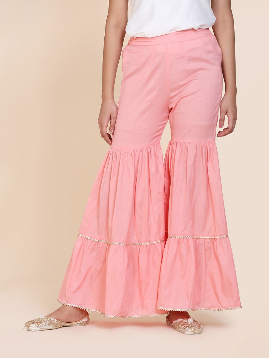 Abhishti cotton silk tiered sharara with lace detail Pink