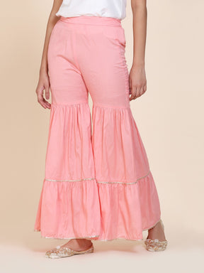 Abhishti cotton silk tiered sharara with lace detail Pink