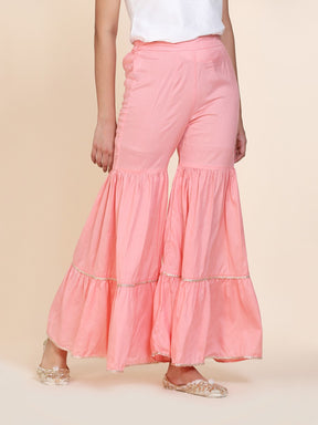 Abhishti cotton silk tiered sharara with lace detail Pink
