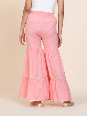 Abhishti cotton silk tiered sharara with lace detail Pink