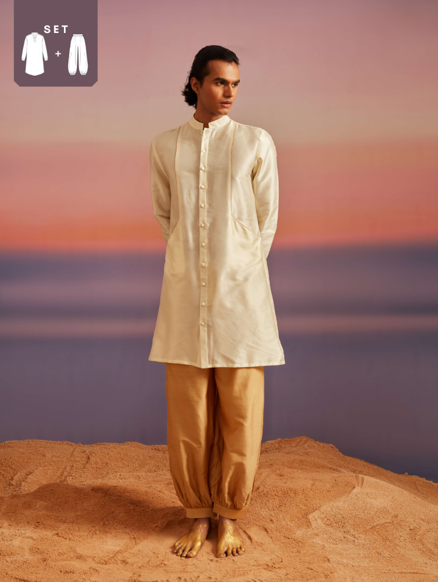 Men Ivory Button Down Banarasi Kurta With Pathani Pants