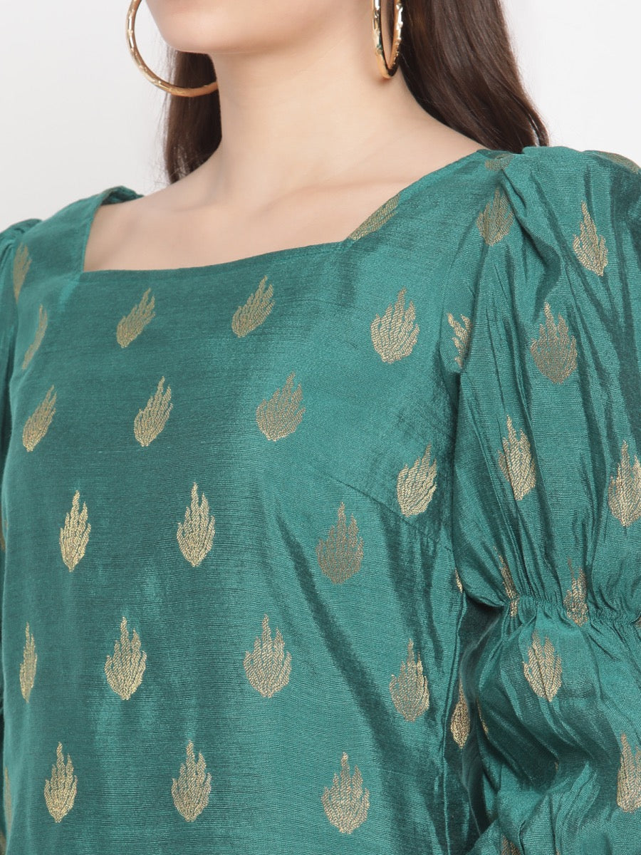 Coral-Green Marie Sleeves Banarasi Kurta
