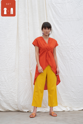 Orange Rust Mangalgiri High-Low Tunic With Pants