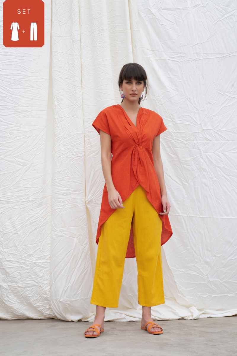 Orange Rust Mangalgiri High-Low Tunic With Pants