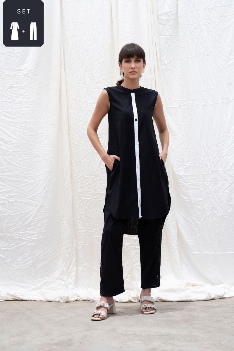 Midnight Black Mangalgiri High-low Kurta With Pants