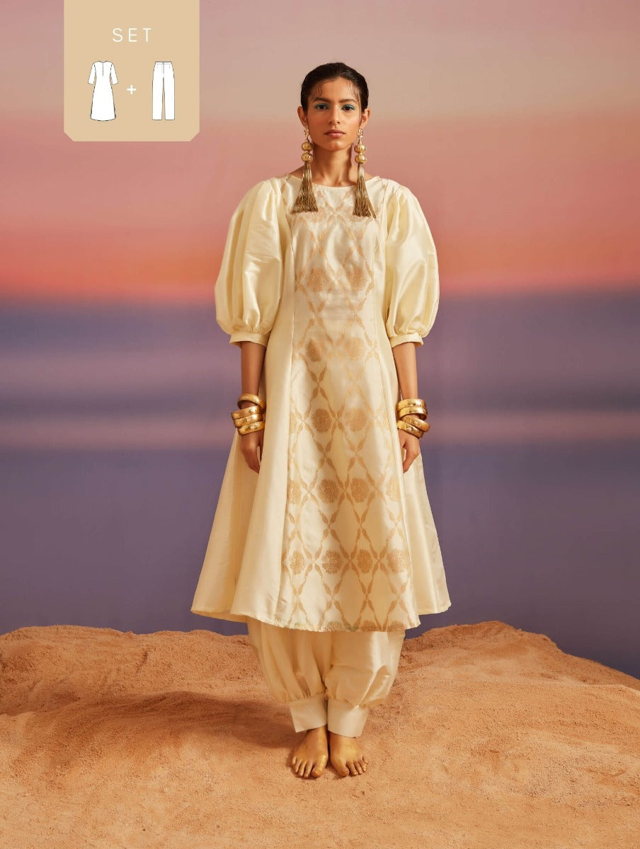 Cloud Cream Banarasi Boat-Neck Kurta Set With Pants