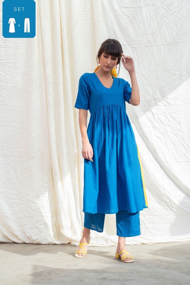 Cobalt Blue Mangalgiri U- Waistline Kurta With Pants