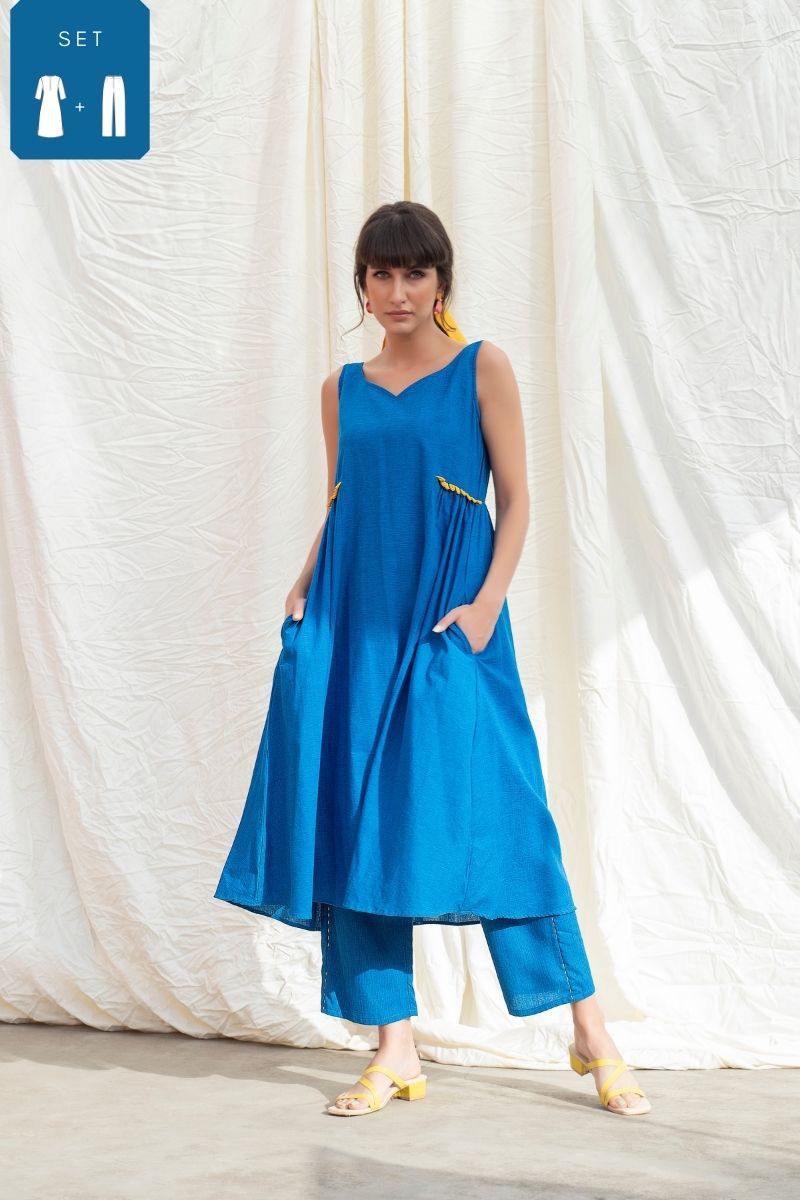 Cobalt Blue Mangalgiri Gathered Kurta With Pants