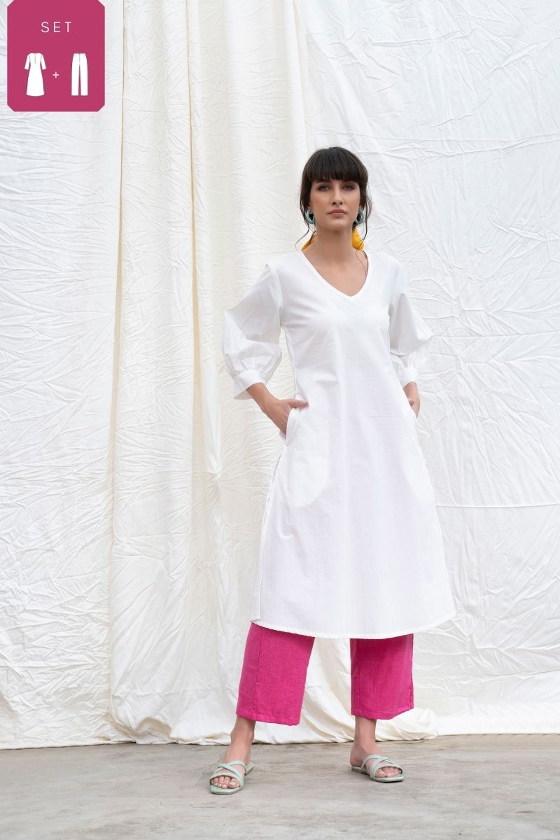 Marshmellow White Cotton Poplin A-Line Kurta With Pants