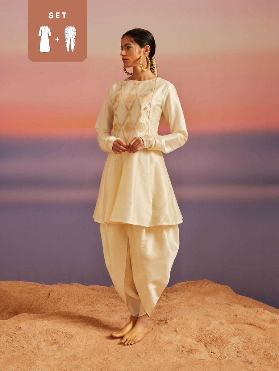 Cloud Cream Panelled Banarasi Kurti With Tulip Dhoti