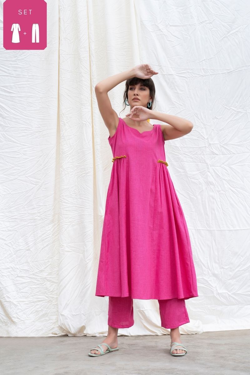 Beetroot Pink Mangalgiri Gathered Kurta With Pants