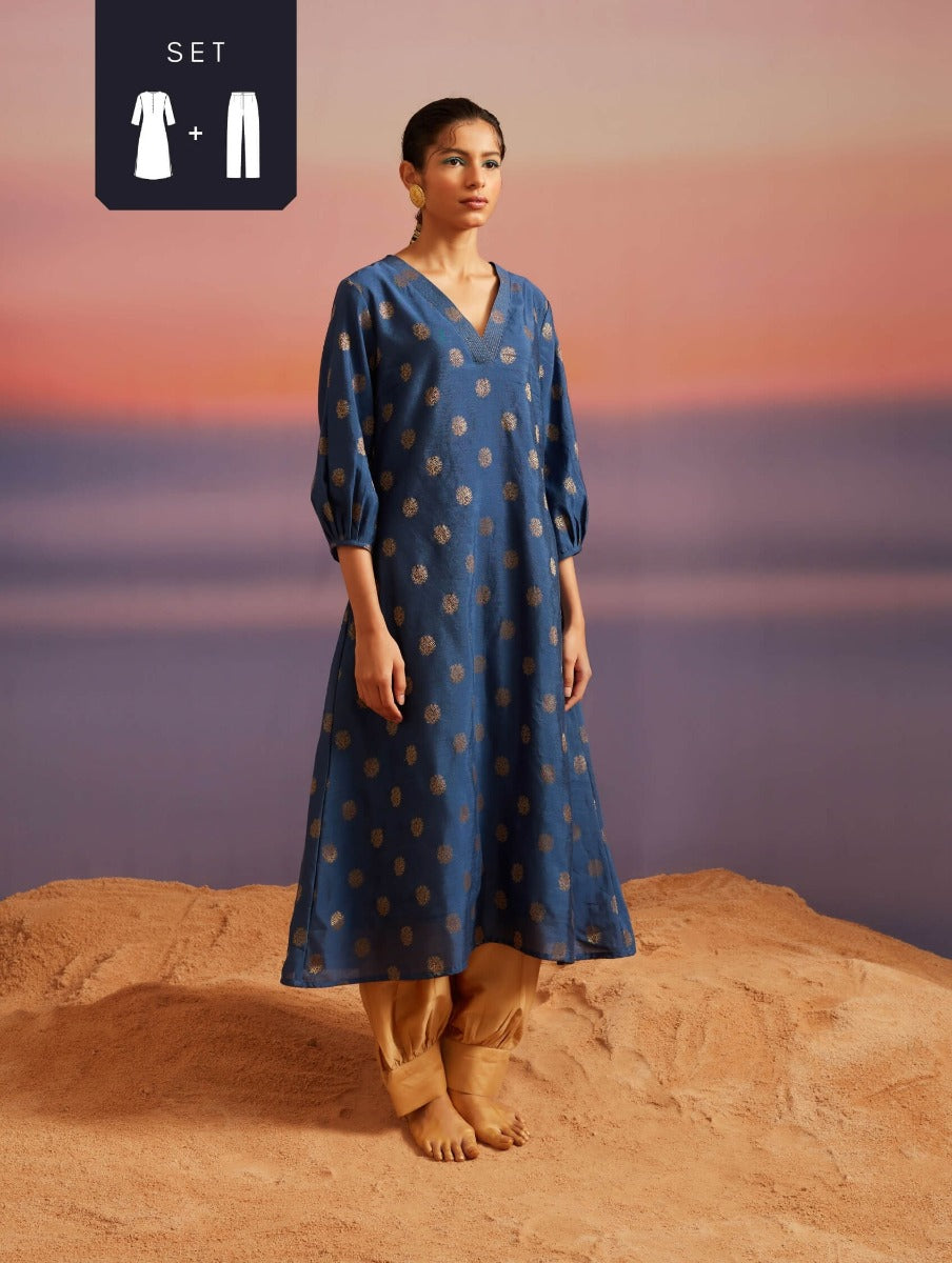 Blue Quartz Banarasi A-Line Kurta With Pathani Pants