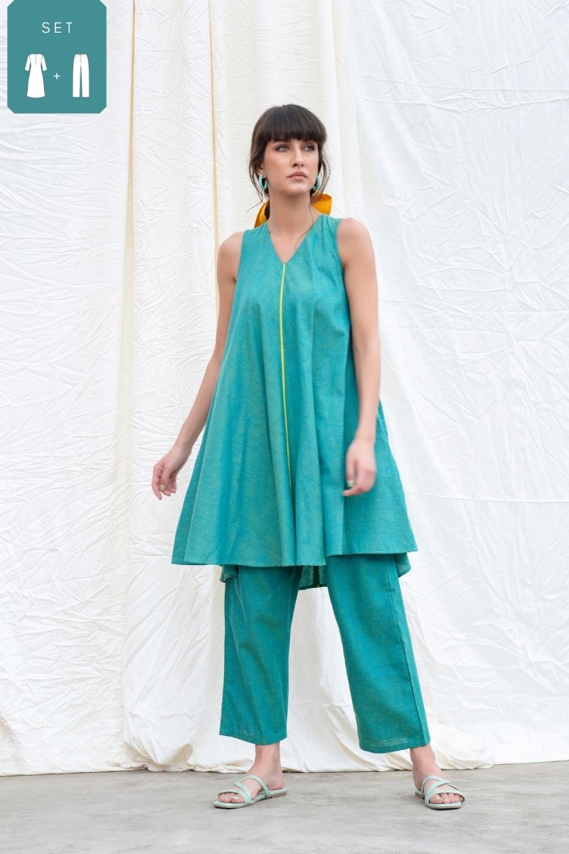 Persian Green Mangalgiri Flared Kurta With Pants