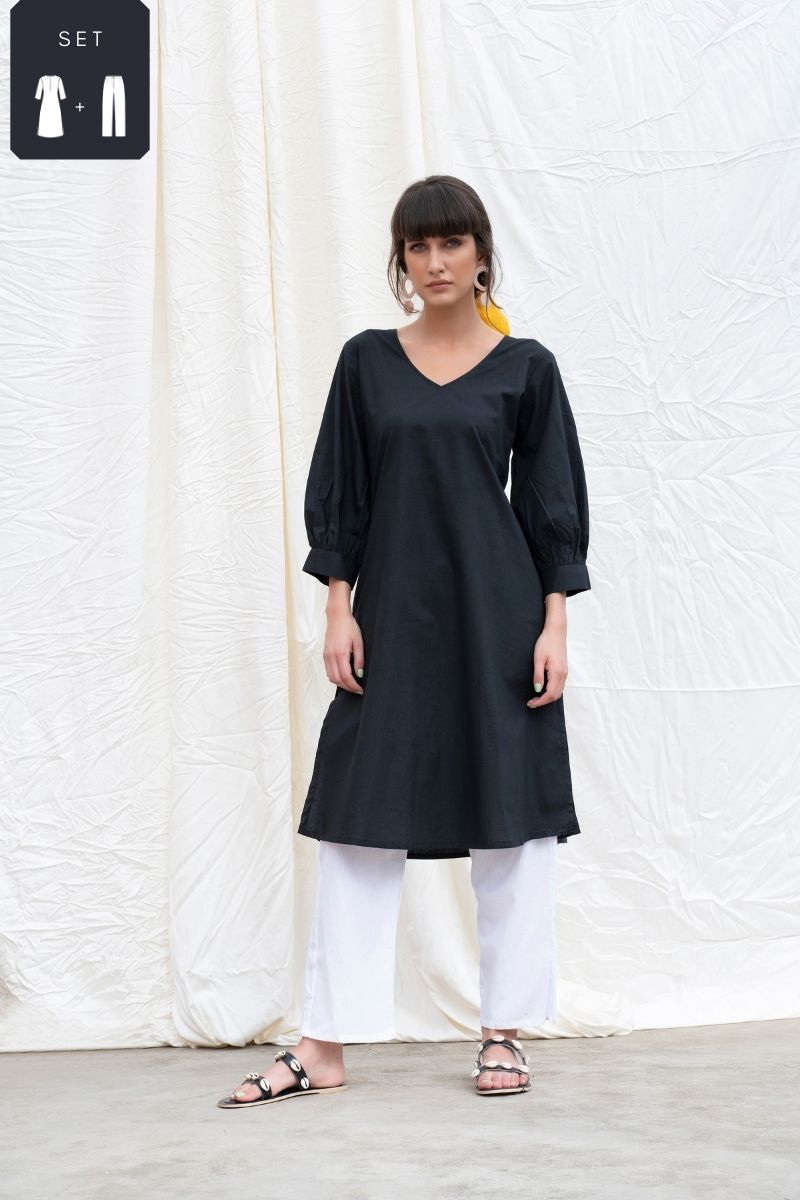 Midnight Black Cotton Poplin A-Line Kurta With Pants