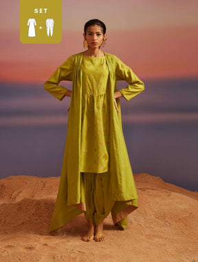 Macaw Green Banarasi Kurta With Jacket and Tulip Dhoti