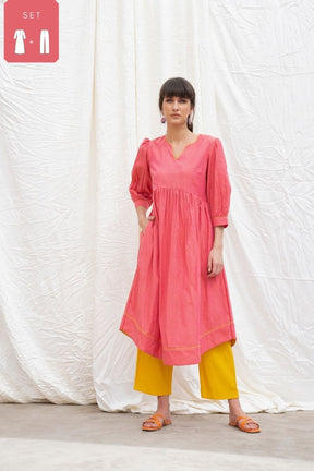 Punch Pink Mangalgiri Gathered Kurta With Pants