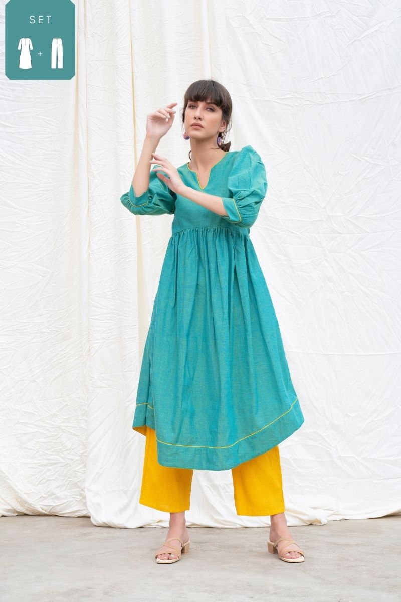 Persian Green Mangalgiri Gathered Kurta With Pants