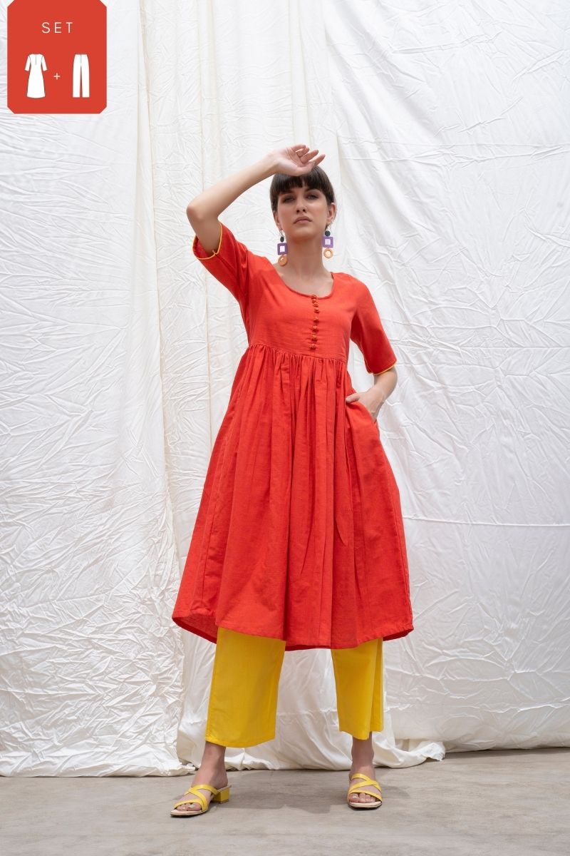 Orange Rust Mangalgiri Button Down Kurta With Pants