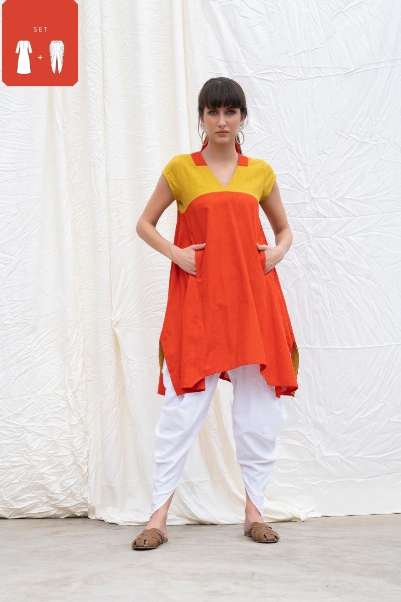 Orange Rust Mangalgiri Flared Kurta With Dhoti Pants