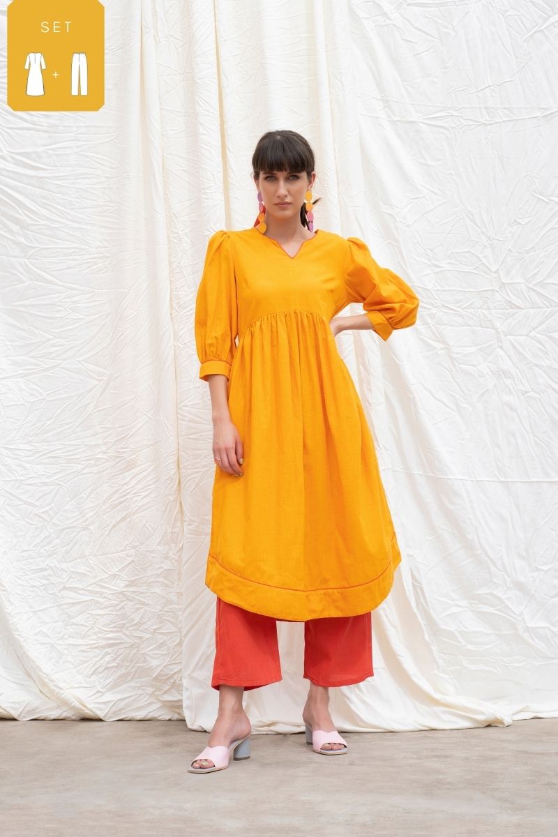 Oriole Orange Mangalgiri Gathered Kurta With Pants