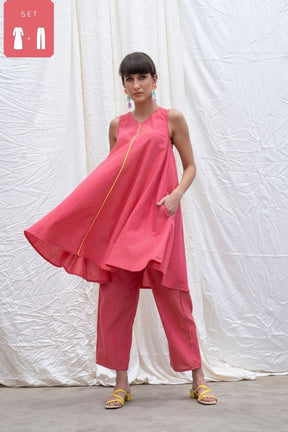 Punch Pink Mangalgiri Flared Kurta With Pants