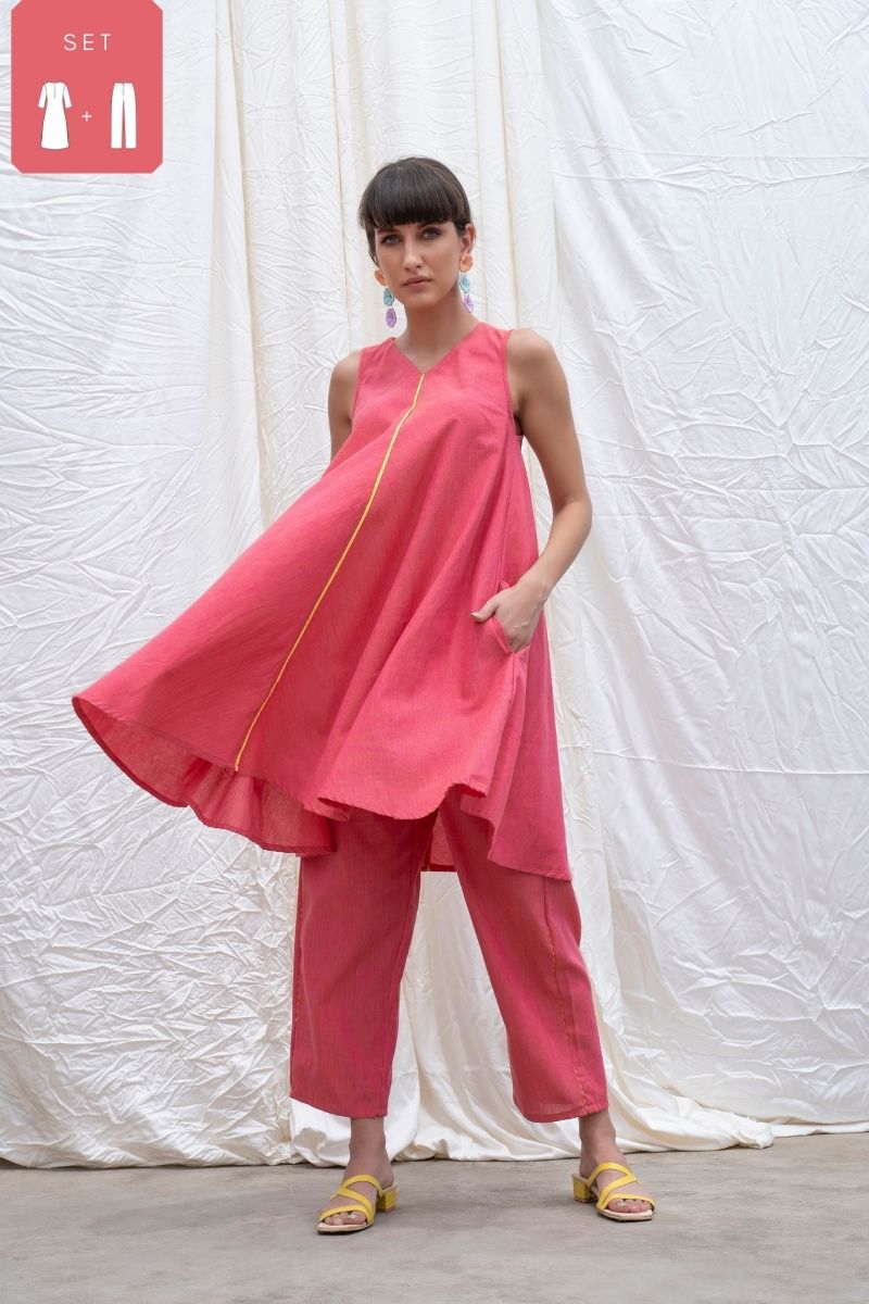 Punch Pink Mangalgiri Flared Kurta With Pants