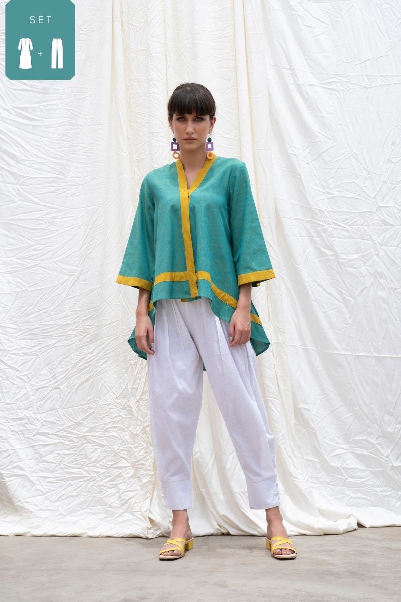 Persian Green Mangalgiri High-Low Tunic With Pants
