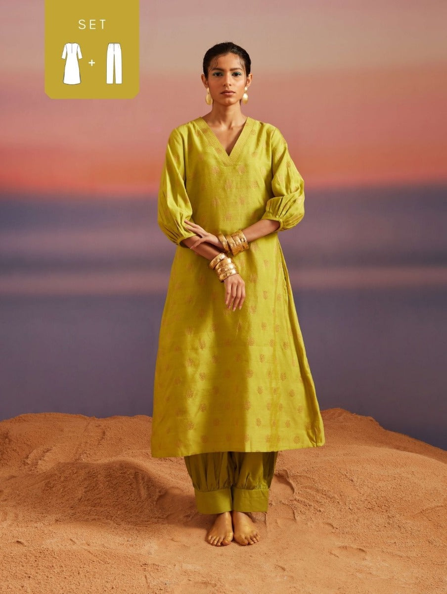 Macaw Green Banarasi A-Line Kurta With Pathani Pants