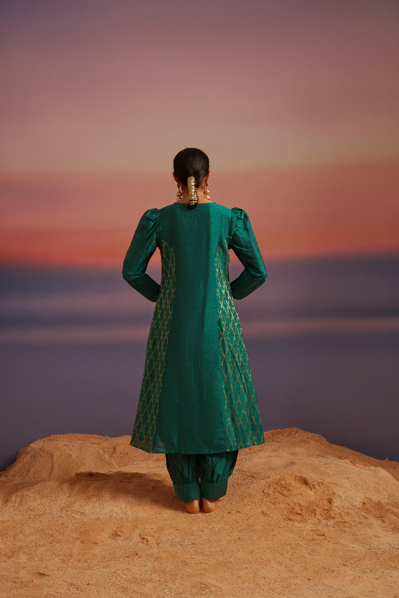 Coral Green Flared Banarasi Kurta With Afghani Pants