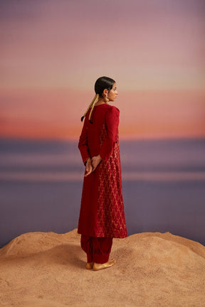 Coral Red Flared Banarasi Kurta With Afghani Pants