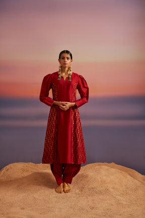 Coral Red Flared Banarasi Kurta With Afghani Pants