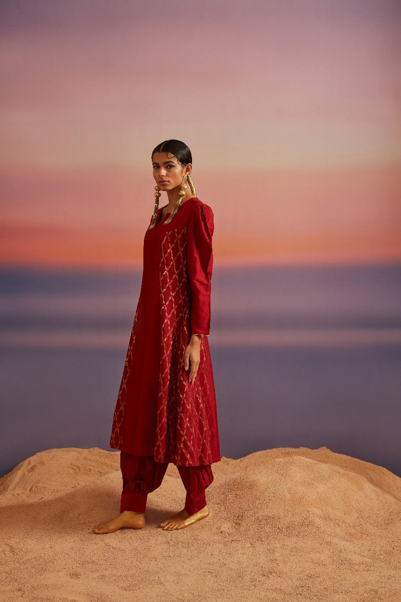 Coral Red Flared Banarasi Kurta With Afghani Pants