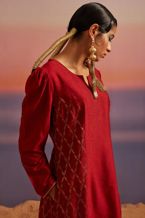 Coral Red Flared Banarasi Kurta With Afghani Pants