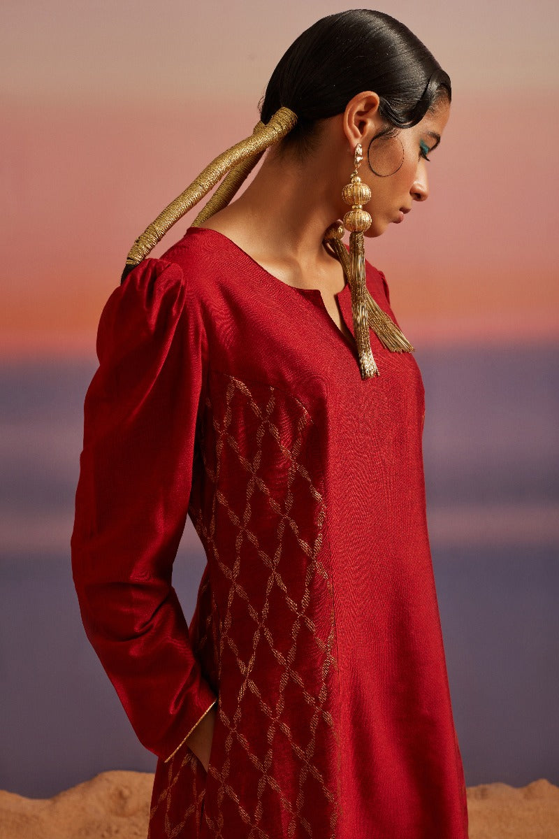 Coral Red Flared Banarasi Kurta With Afghani Pants
