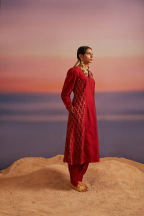 Coral Red Flared Banarasi Kurta With Afghani Pants