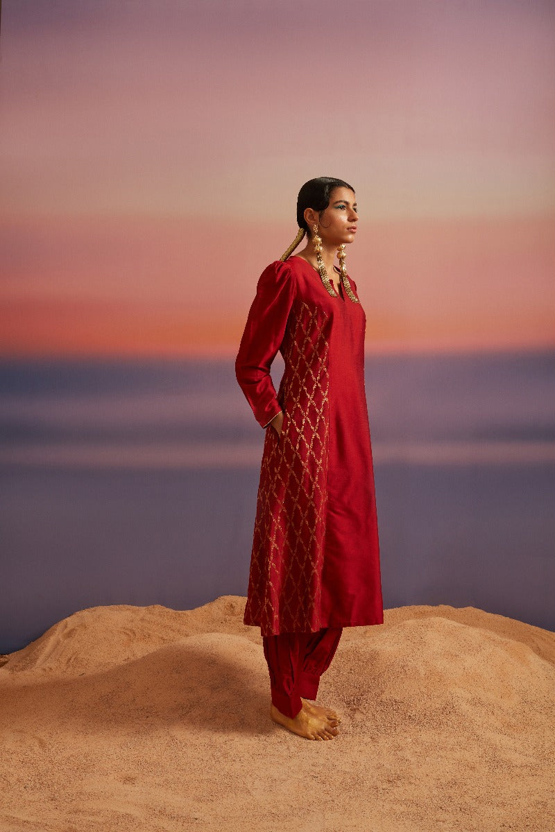 Coral Red Flared Banarasi Kurta With Afghani Pants