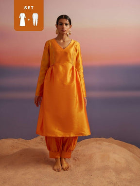 Coral Orange Banarasi Kurta With Afghani Pants
