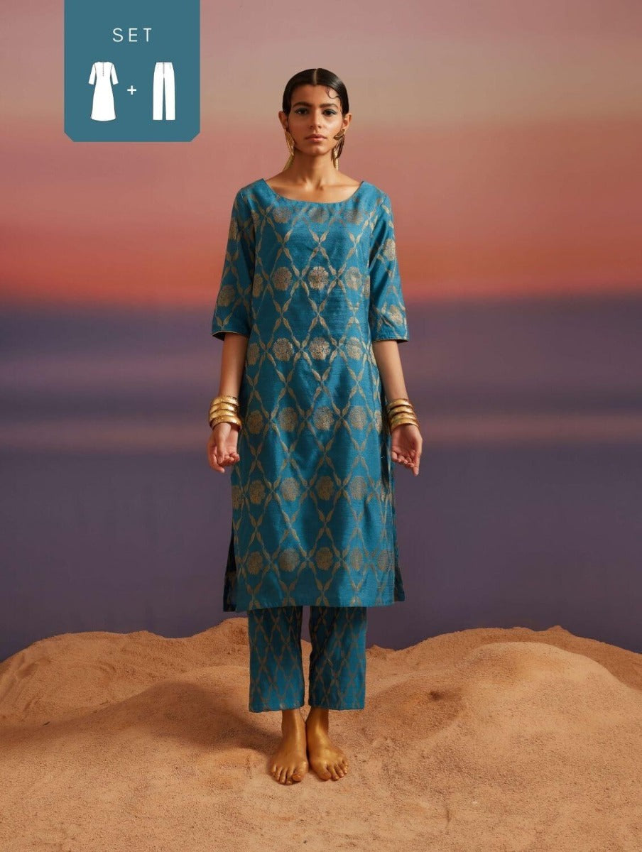 Coral Blue Banarasi Straight Kurta With Straight Pants