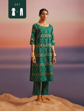 Coral Green Banarasi Straight Kurta With Straight Pants