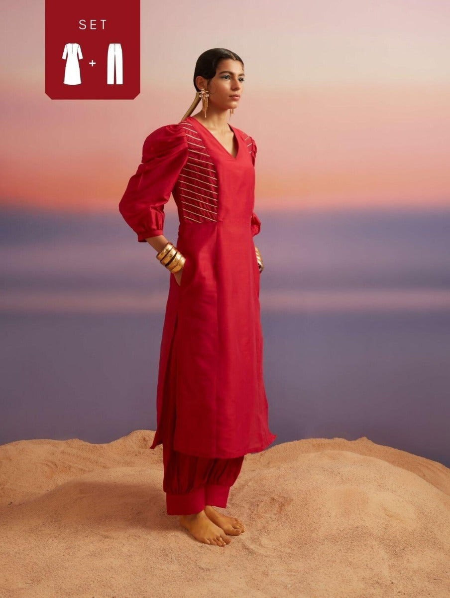 Coral Red Banarasi Straight Kurta With Afghani Pants