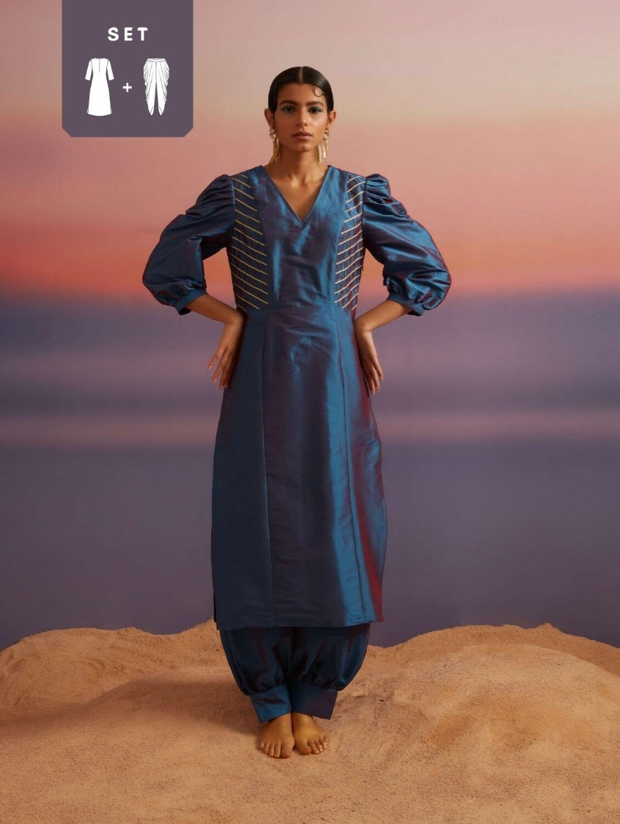 Blue Quartz Banarasi Straight Kurta With Afghani Pants