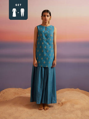 Coral Blue Banarasi Sleeveless Kurta With Palazzo