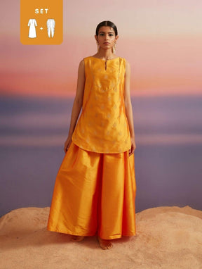 Coral Orange Banarasi Sleeveless Kurta With Palazzo