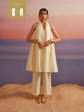 Cloud Cream Banarasi Halter-neck Kurta With Pants
