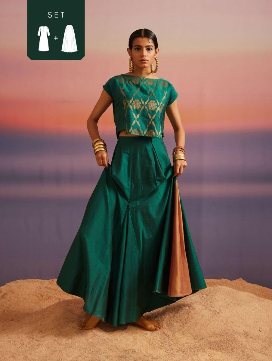 Coral Green Banarasi Crop Top With Contrast Panel Skirt