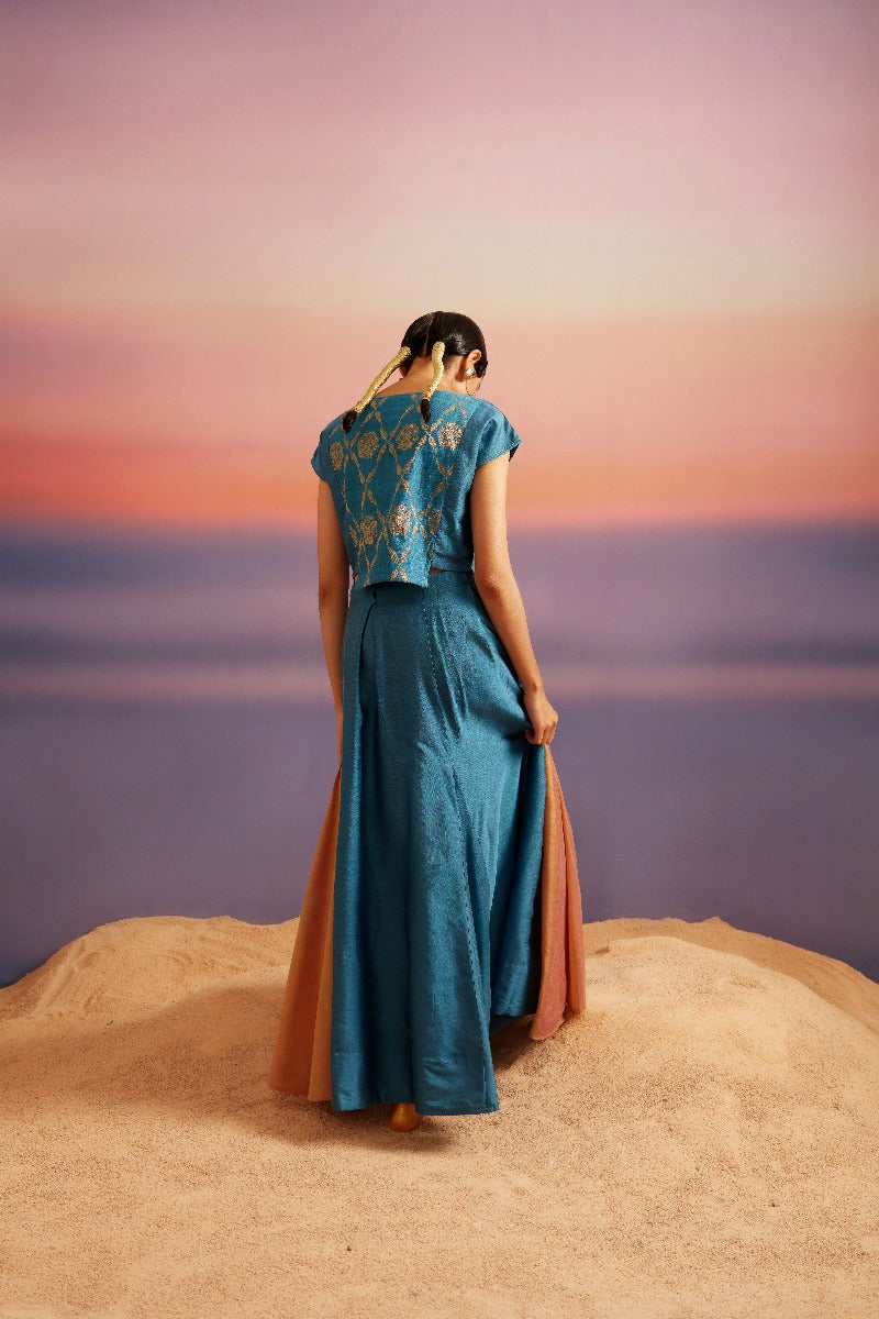 Coral Blue Banarasi Crop Top With Contrast Panel Skirt